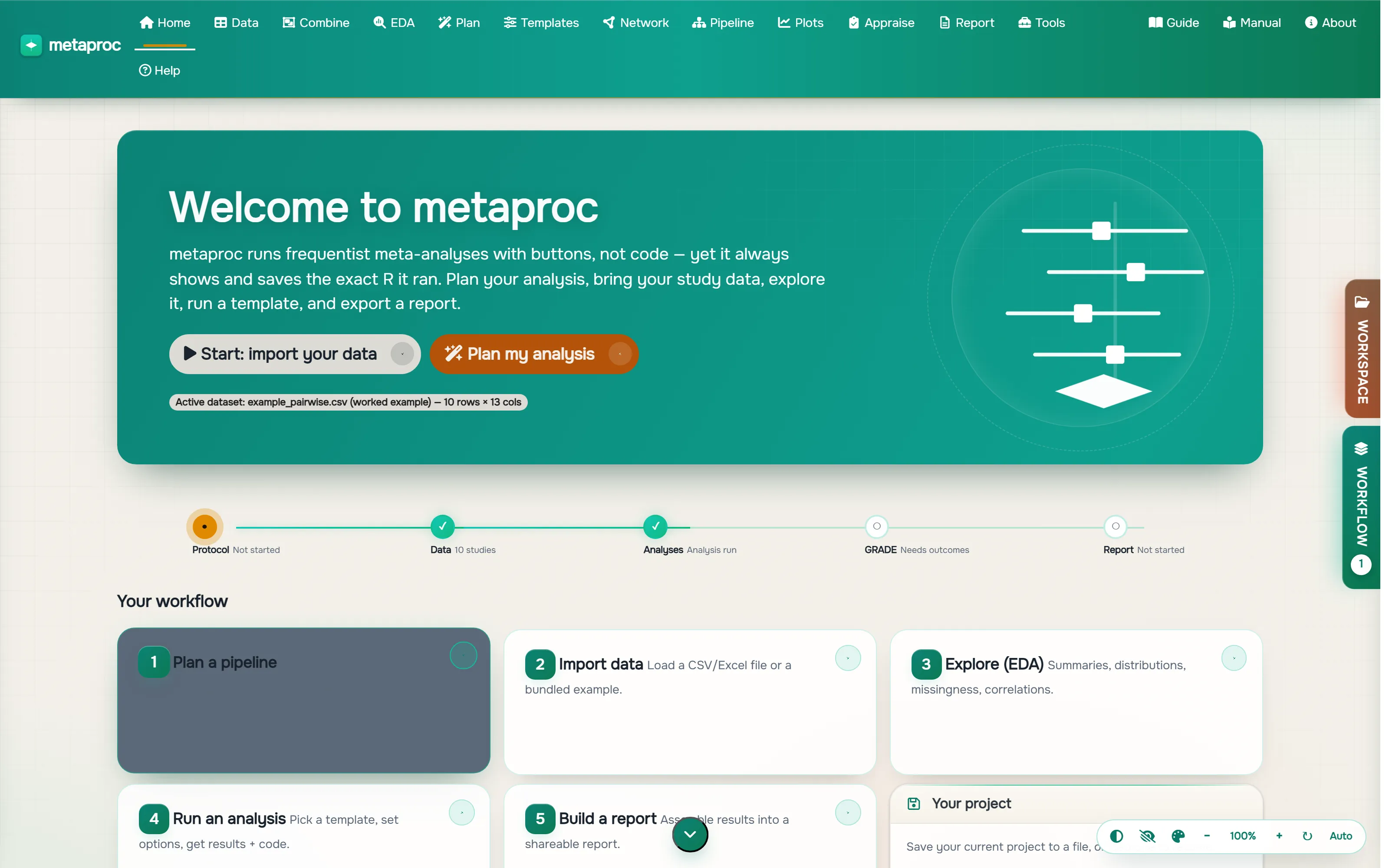 MetaProc home screen: a welcome banner with Start: import your data and Plan my analysis buttons, above a five-step Your workflow strip (import data, explore (EDA), run an analysis, plan a pipeline, build a report).